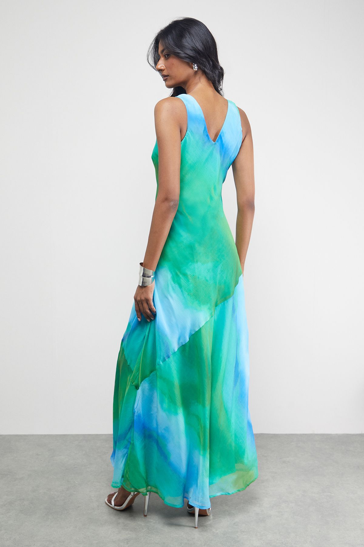 Warehouse Blue Ombre Chiffon Square Neck Bias Midi Slip Dress PLT