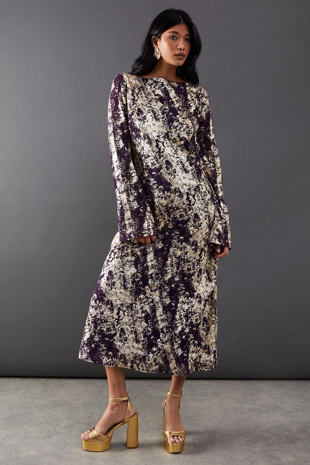 Warehouse Metallic Chiffon Slash Neck Bias Midi Dress Purple