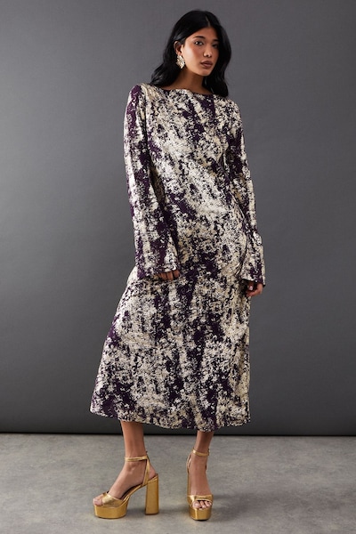 Warehouse Metallic Chiffon Slash Neck Bias Midi Dress Purple