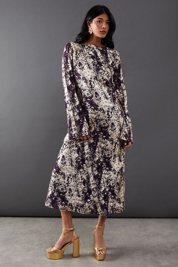 Warehouse Metallic Chiffon Slash Neck Bias Midi Dress Purple