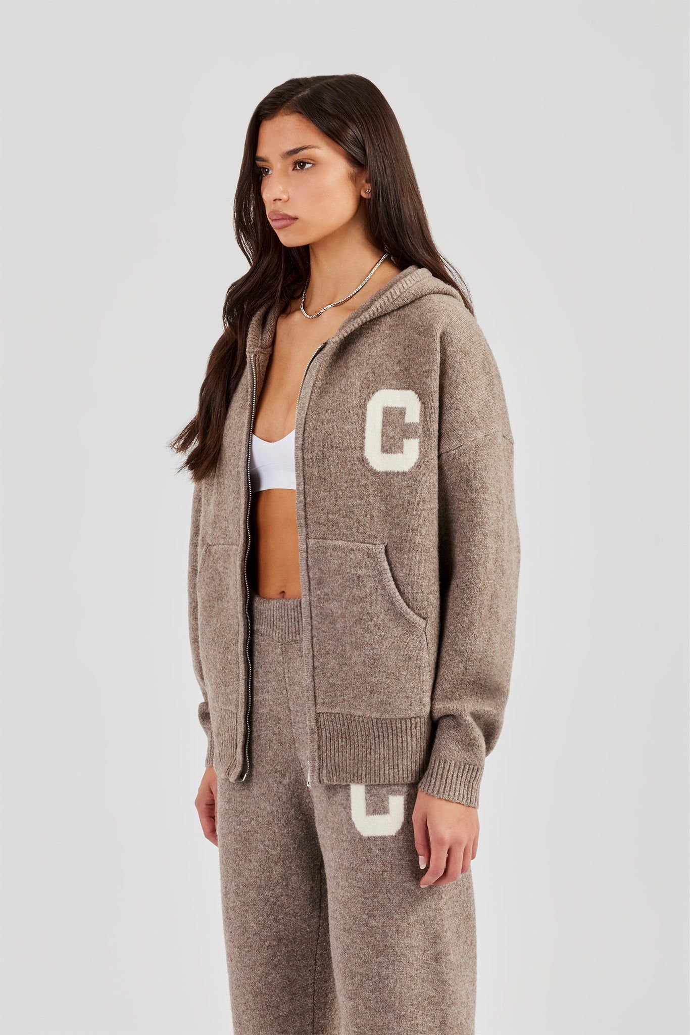 Cernucci Hooded Zip Through Knitted Jumper - Taupe image 7