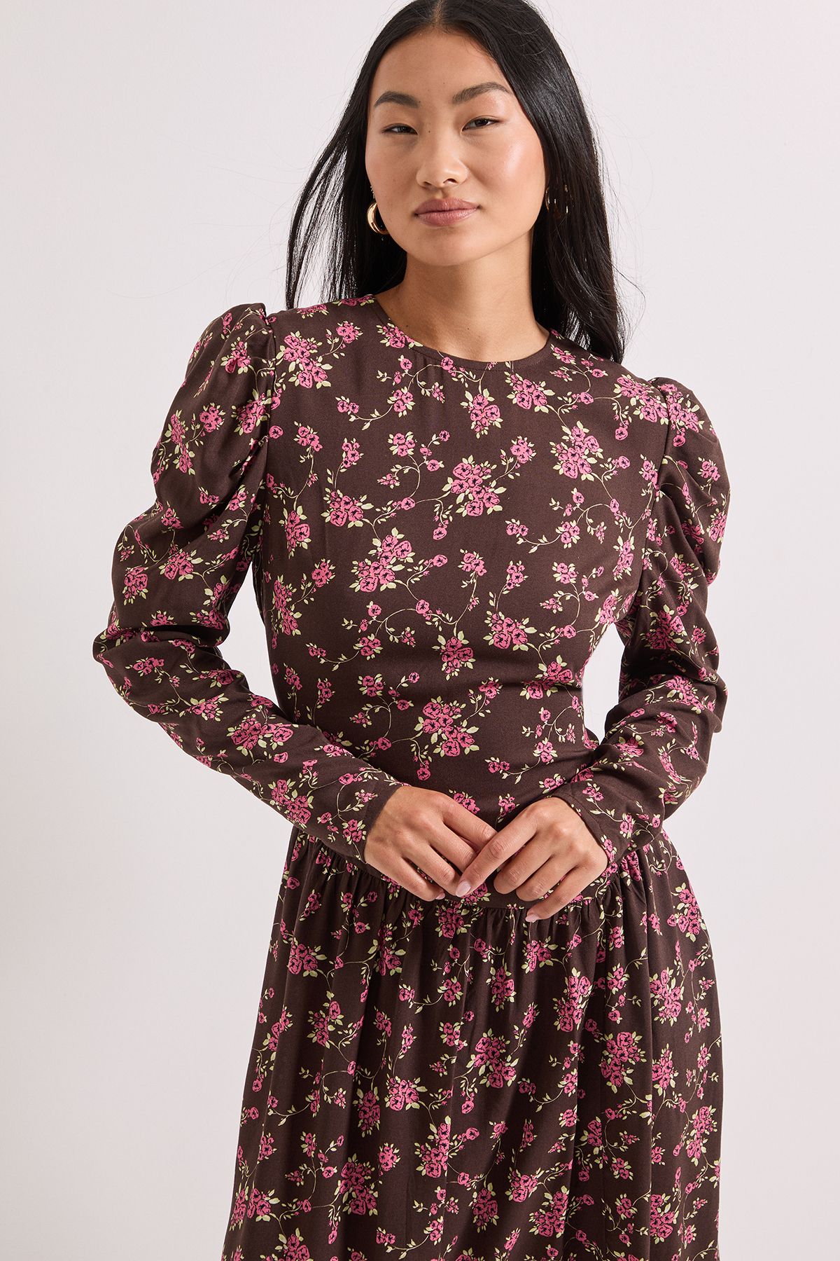 Dorothy Perkins Petite Dropped Waist A-line Midi Dress Chocolate image 2