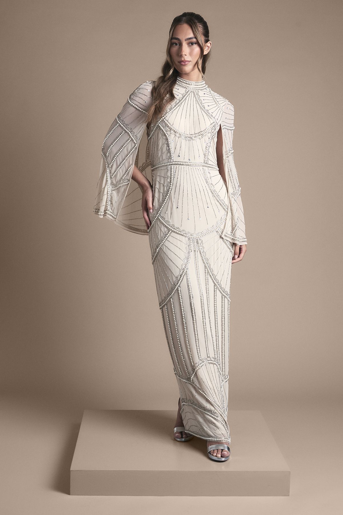 Coast Embellished Column Maxi Wedding Dress with Cape Detail Champagne image 1