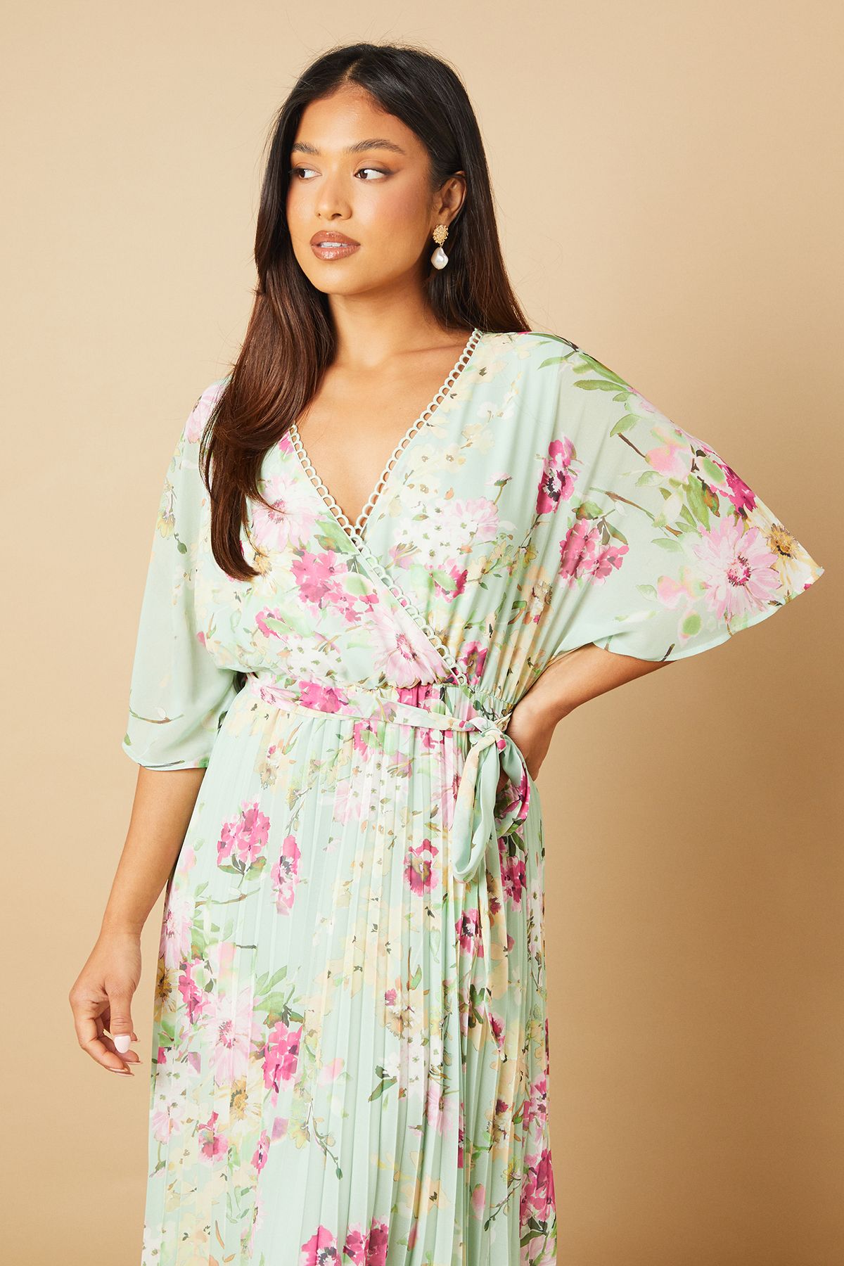 Oasis Petite Occasion Kimono Sleeve Pleated Midi Dress Sage image 2