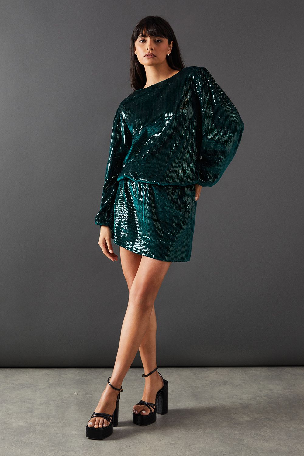 Warehouse Velvet Sequin Blouson Long Sleeve Mini Dress Green image 4