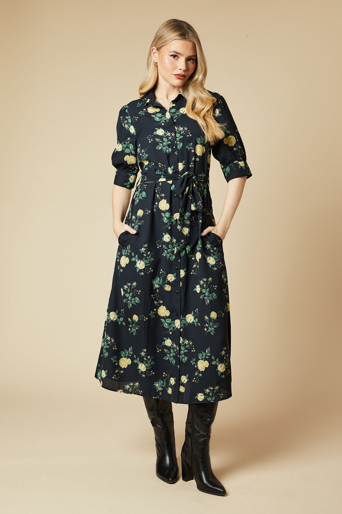 Dorothy Perkins Yellow Floral Half Sleeve Shirt Dress Black