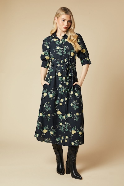 Dorothy Perkins Yellow Floral Half Sleeve Shirt Dress Black