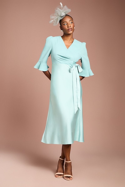 Coast Ruffle Sleeve Satin Back Crepe Wrap Dress Duck Egg