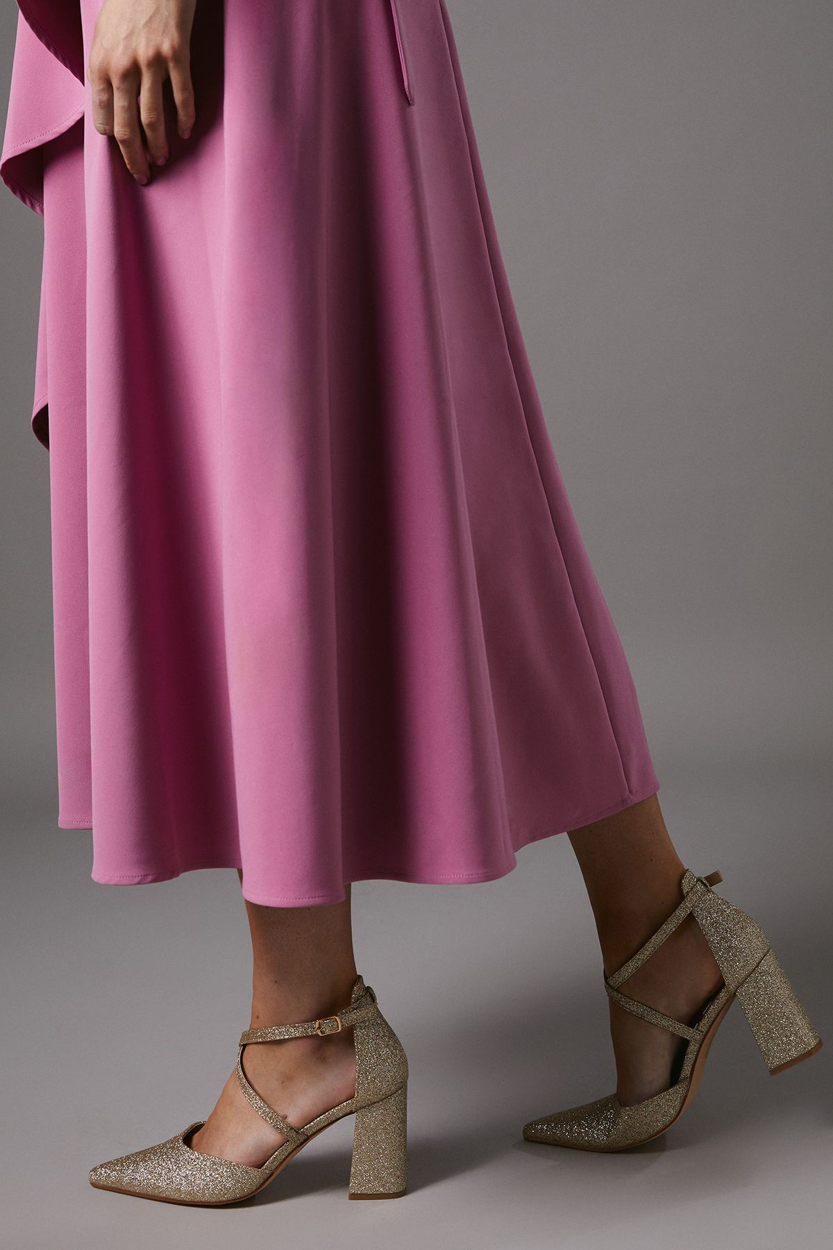 Coast Wide Fit Treat Glitter Cross Strap Pointed Block Heel Court Shoes Gold image 1