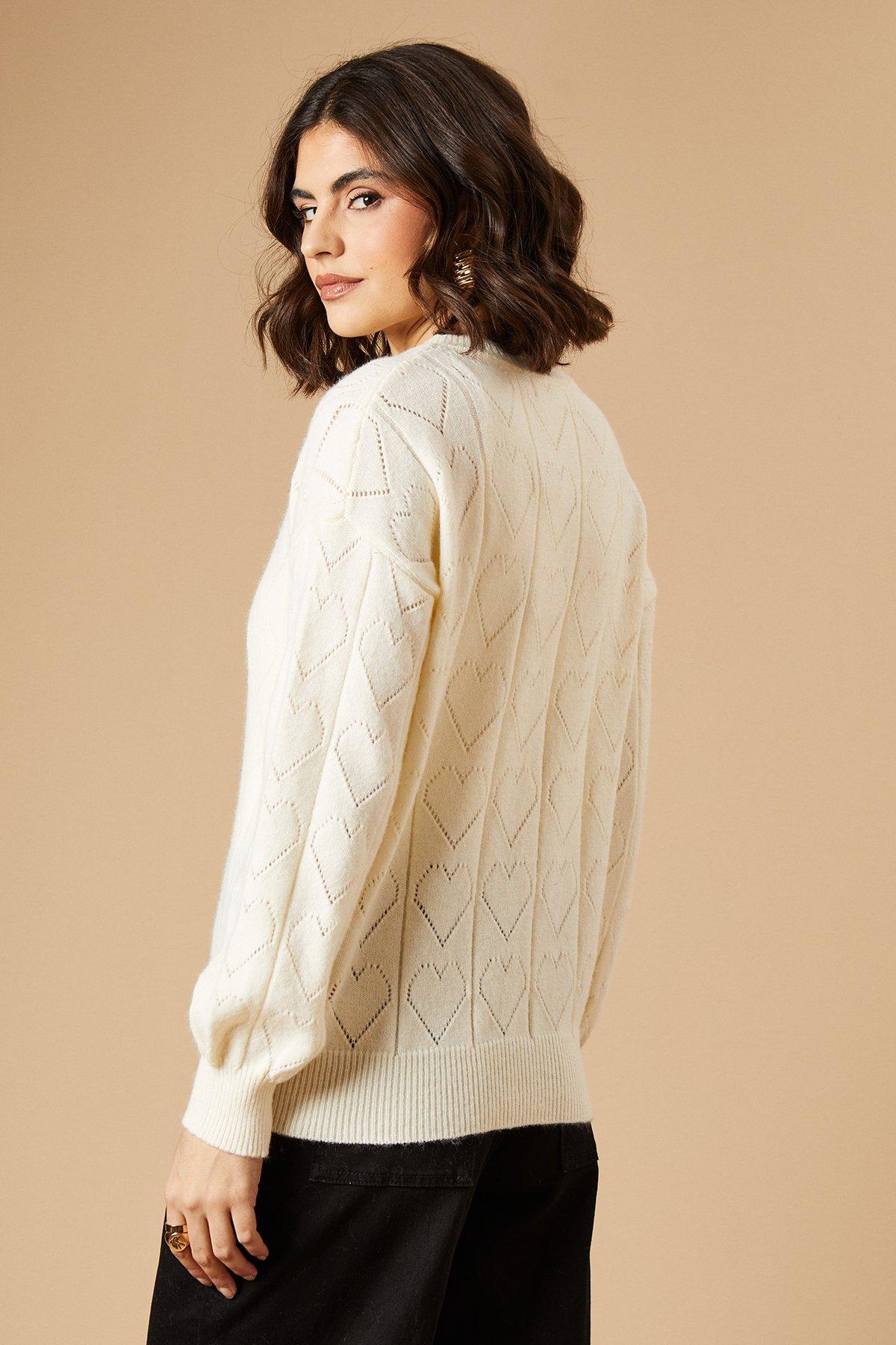 Oasis Heart Pointelle Crew Neck Jumper Cream image 3