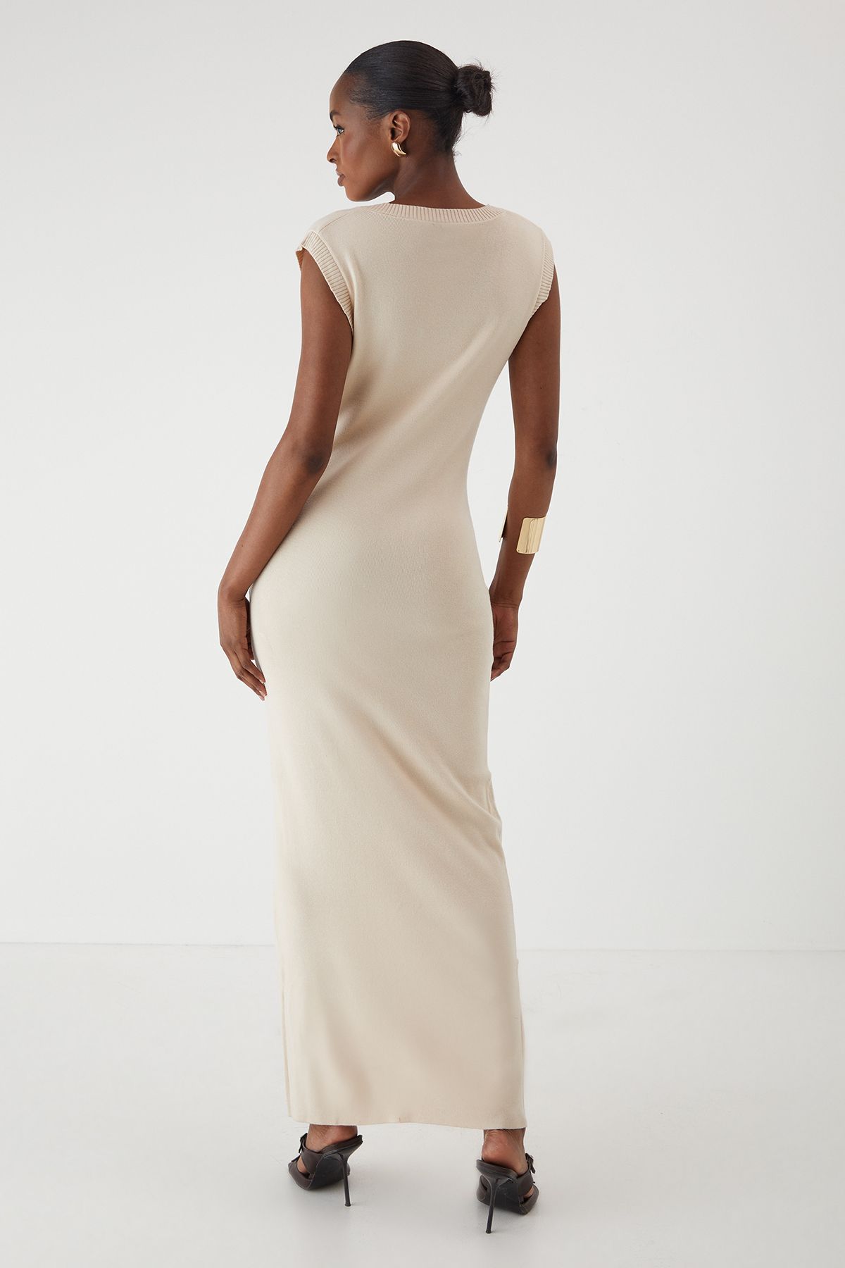 MissPap Rib Knit Plunge Sleeveless Vest Fitted Maxi Dress Stone image 3