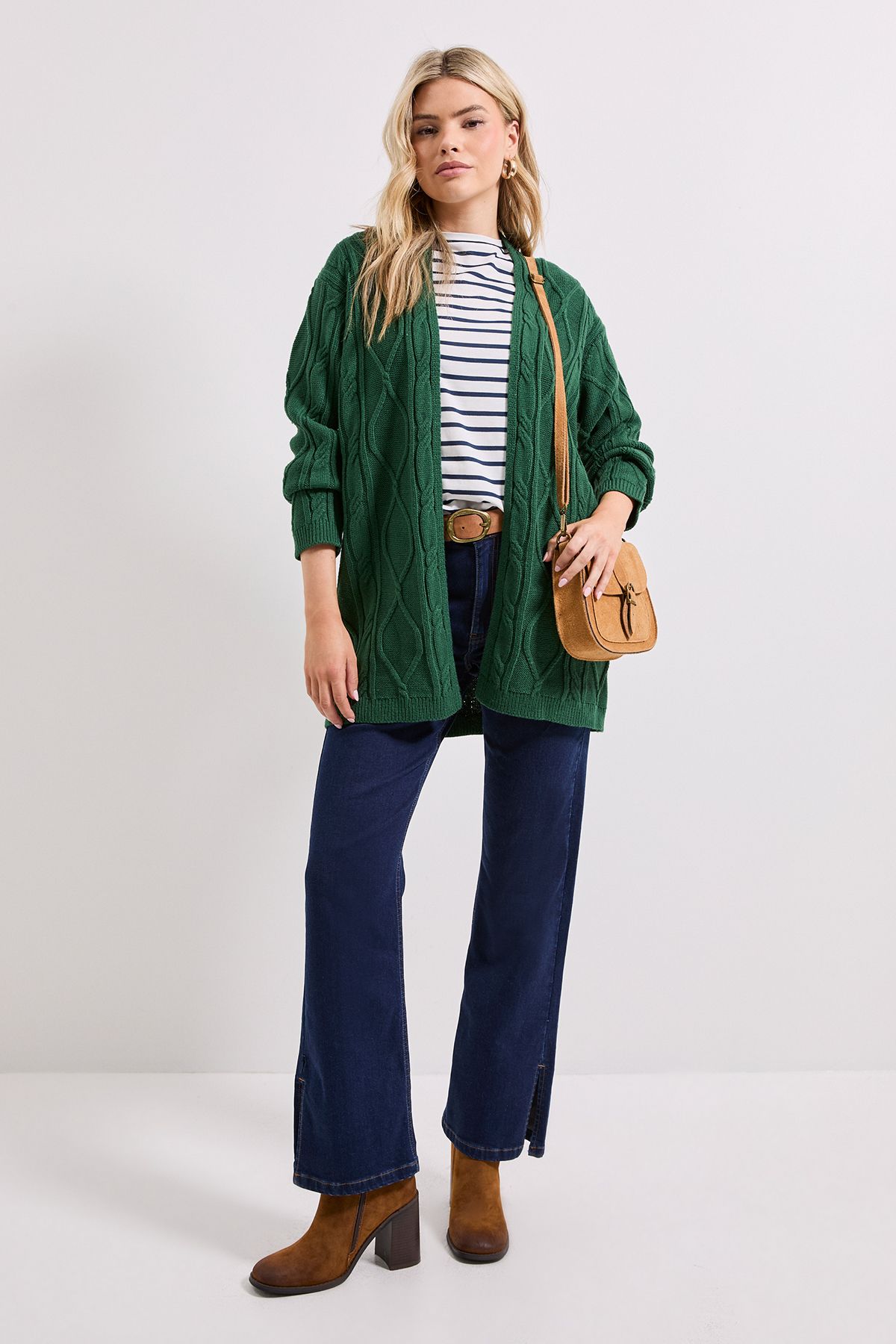 Dorothy Perkins Green Longline Cable Cardigan Bottle Green image 1