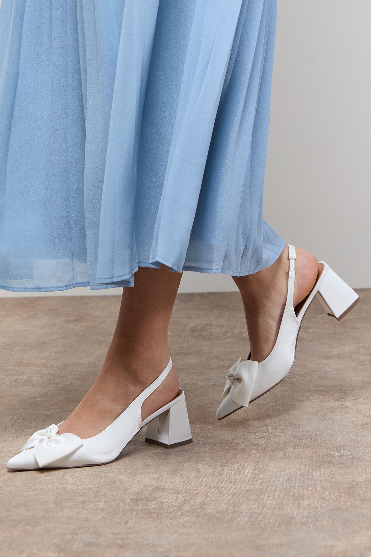 Oasis Seala Satin Bow Slingback Medium Block Heel Court Shoes White