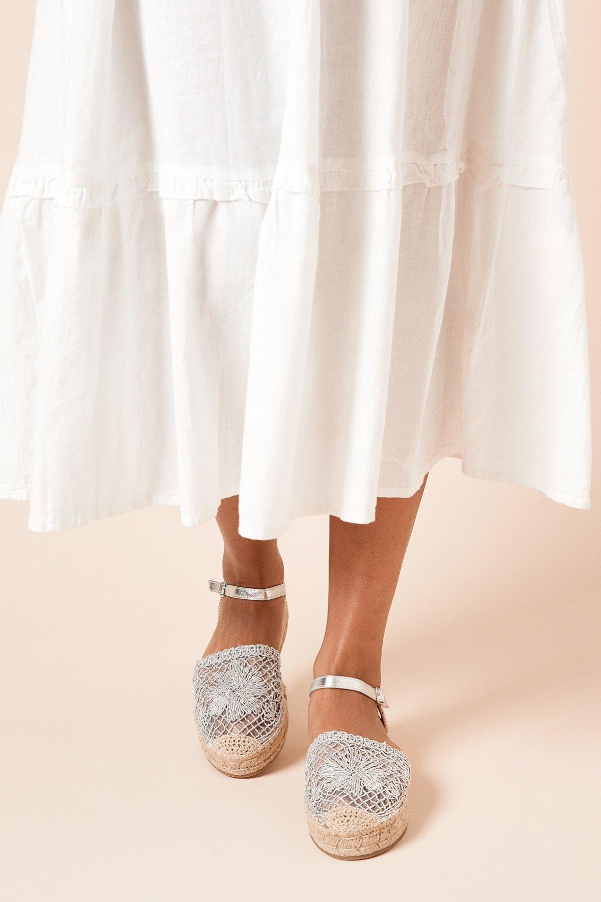 Dorothy Perkins Laura Embroidered Closed Toe Flat Espadrille Shoes Silver image 3