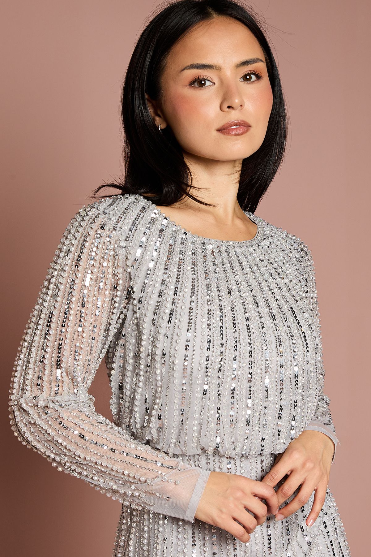 Coast Petite Party Sequin Long Sleeve Midi Dress Grey Mist image 2