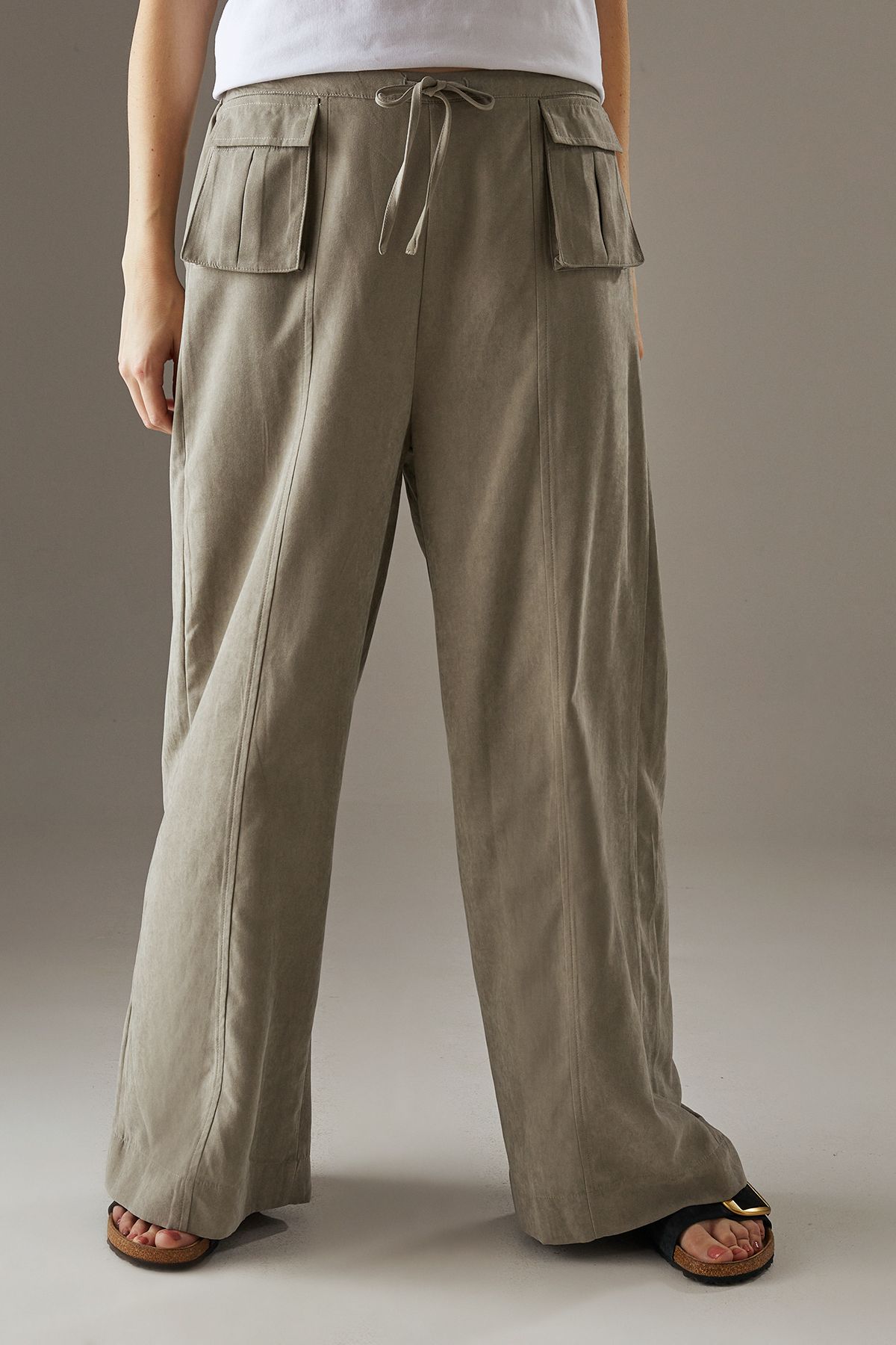 Warehouse Peach Satin Utility Pocket Wide Leg Trousers Grey