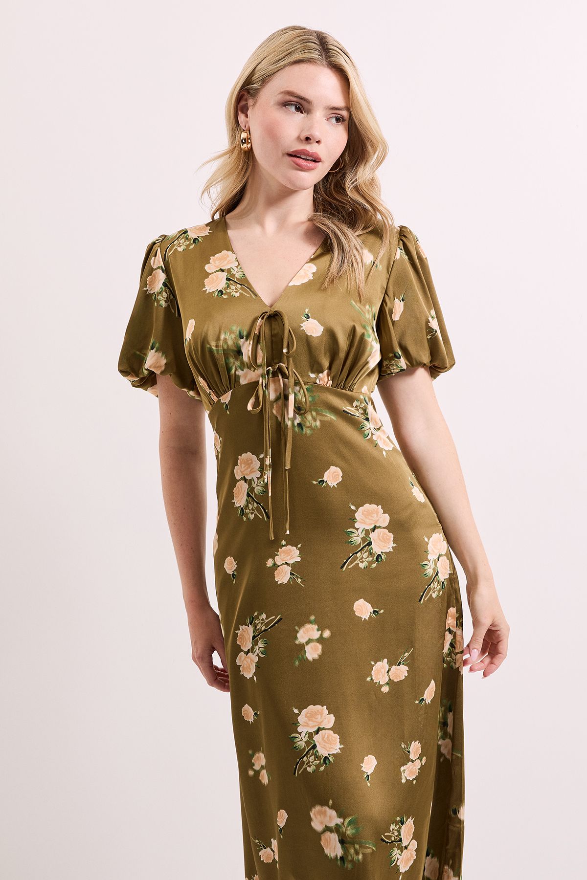 Dorothy Perkins Floral Tie Front Button Up Puff Sleeve Midi Dress Floral image 2