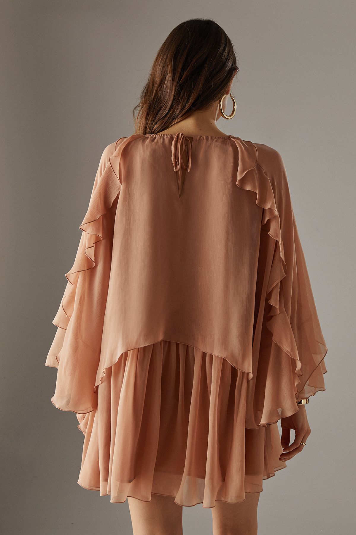 Warehouse Chiffon Ruffle Flared Sleeve Mini Smock Cape Dress Tan image 3