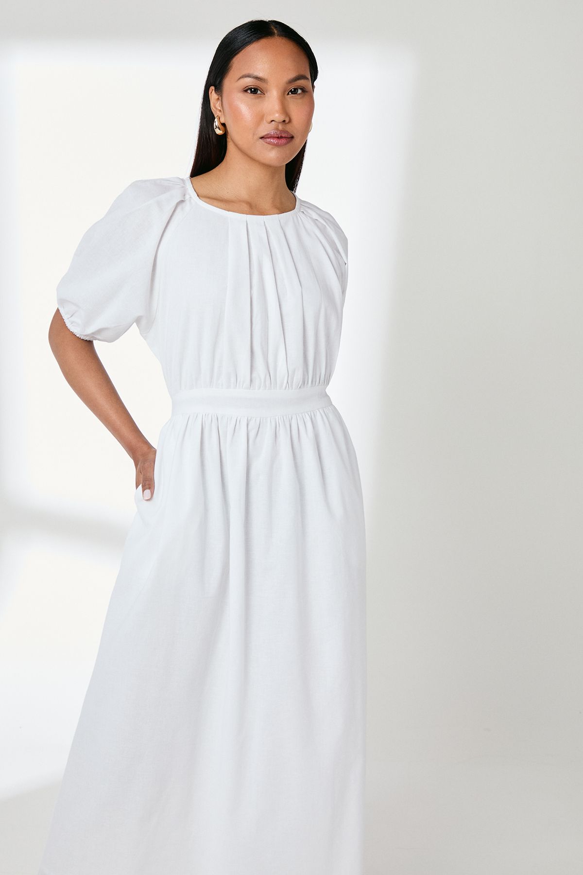 Principles Puff Sleeve Waistband Detail Midi Dress White image 2