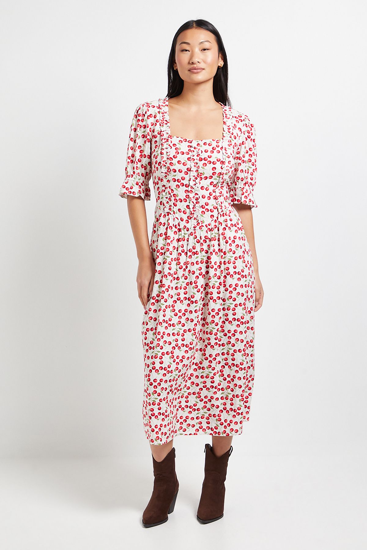 Dorothy Perkins Petite Cherry Print Square Neck Frill Detail Puff Sleeve Midi Dress Cherry