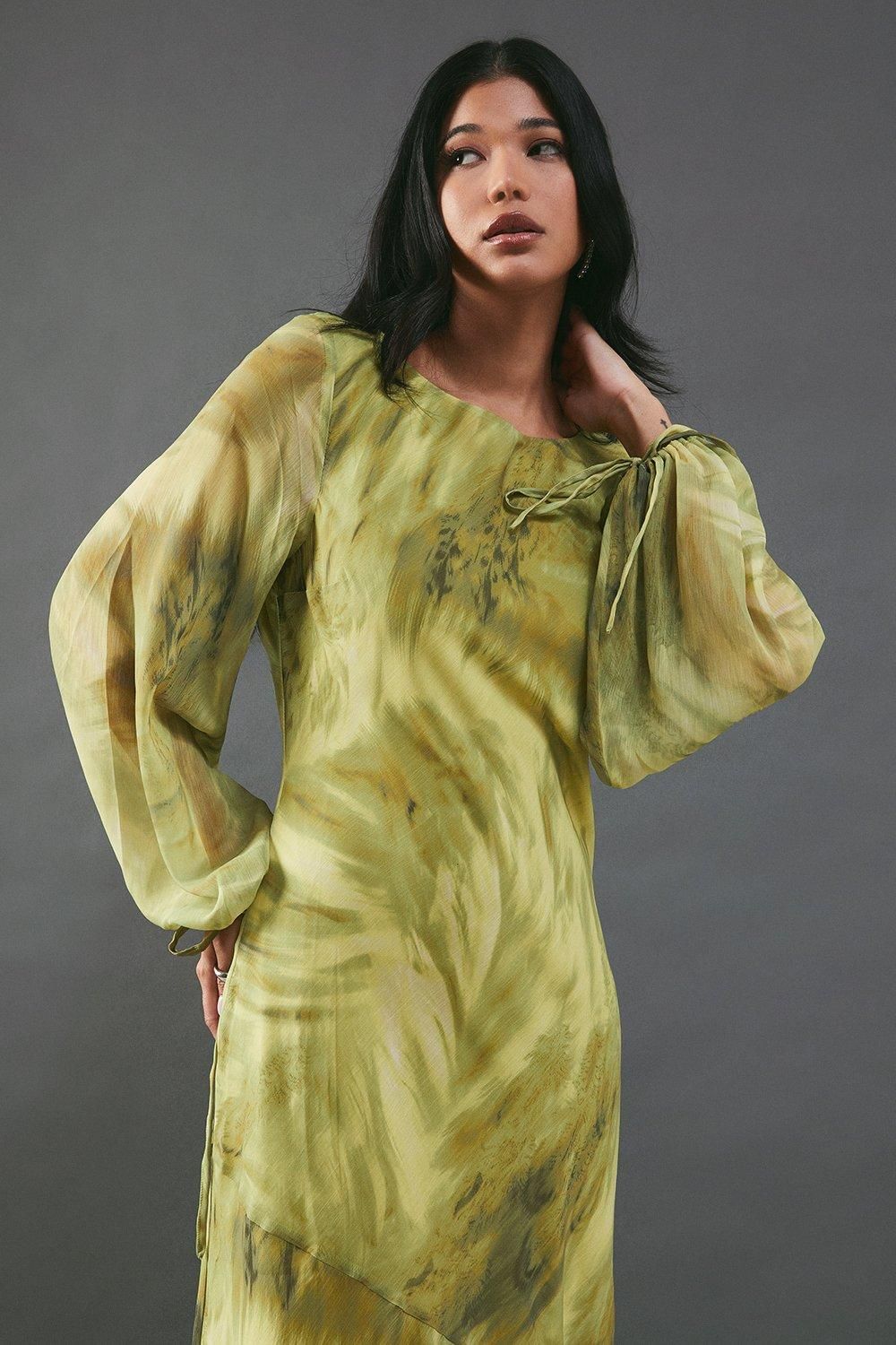 Warehouse Chiffon Feather Print Volume Sleeve Maxi Dress Chartreuse image 4
