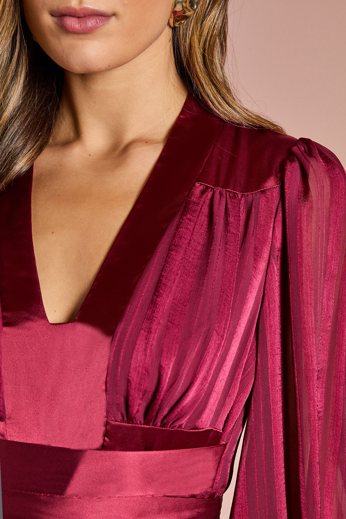 Coast Long Sleeve Stripe Jacquard Maxi V Neck Dress Burgundy image 5