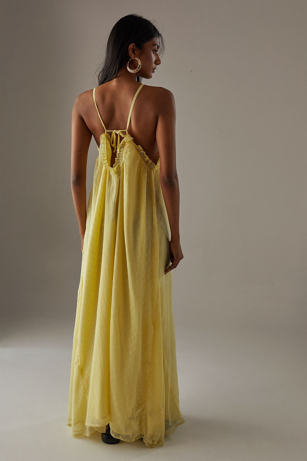 Warehouse Marble Dobby Chiffon Halter Ruffle Maxi Dress Yellow image 3