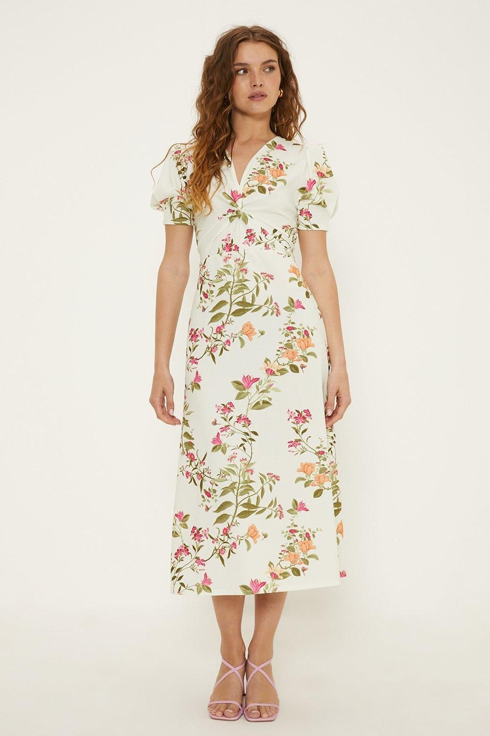 Oasis Ivory Floral Stretch Crepe Twist Front Midi Dress Ivory image 1