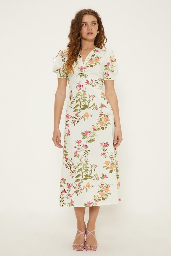 Oasis Ivory Floral Stretch Crepe Twist Front Midi Dress Ivory
