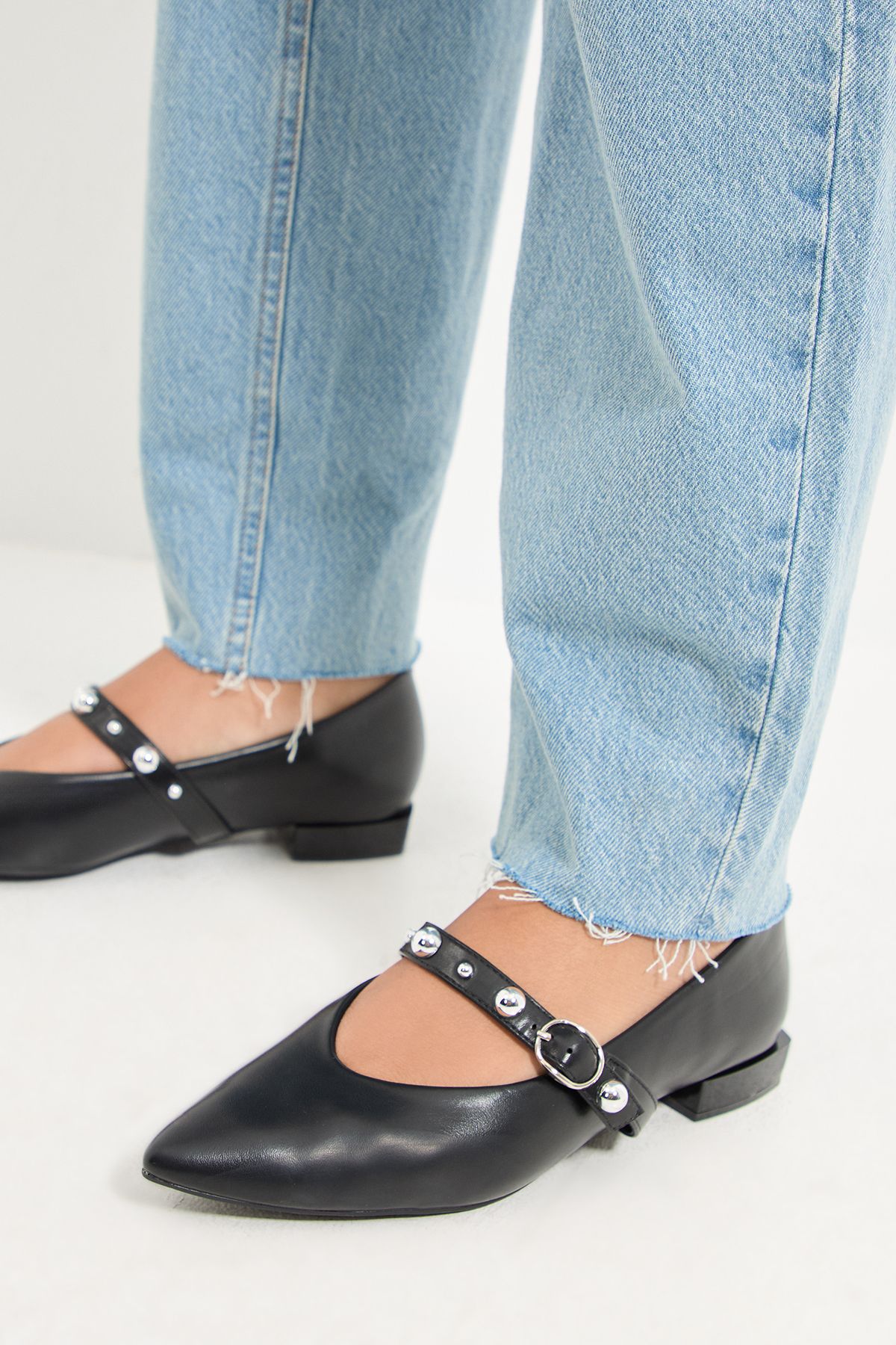 MissPap Faux Leather Studded Mary Jane Pointed Ballet Pumps Black image 1