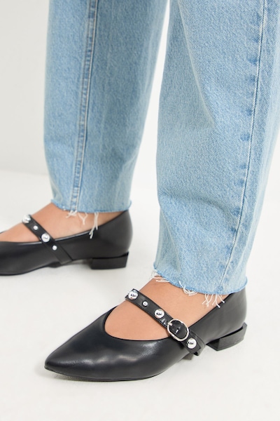 MissPap Faux Leather Studded Mary Jane Pointed Ballet Pumps Black