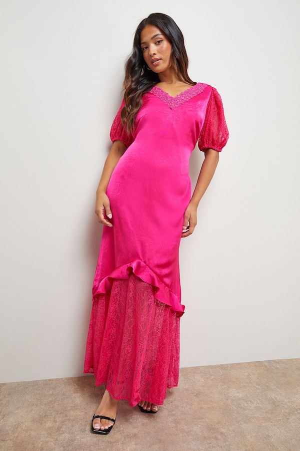 Oasis Petite Plain Lace Frill Detail Puff Sleeve Midi Dress Fuchsia