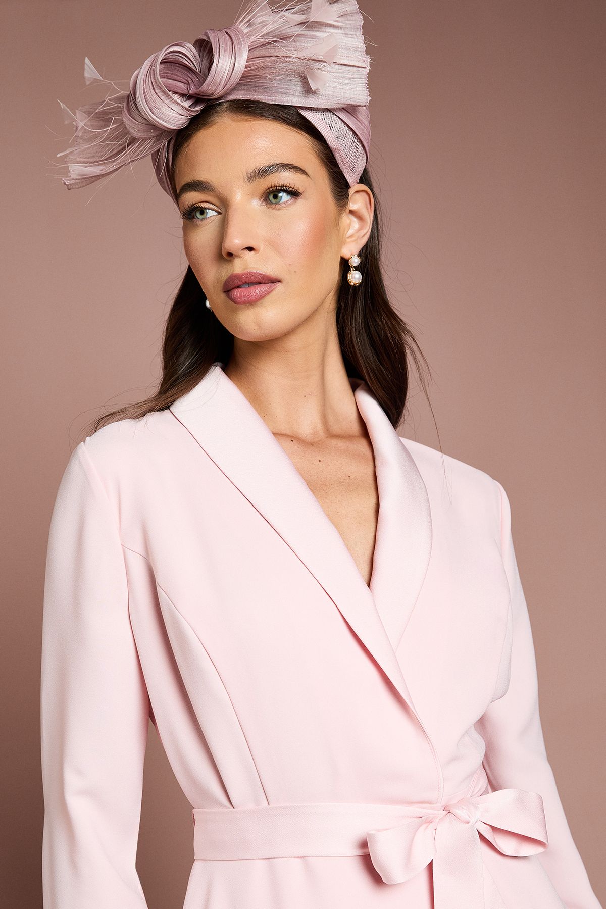 Coast Lisa Tan Collared Satin Belted Wrap Dress Blush image 4