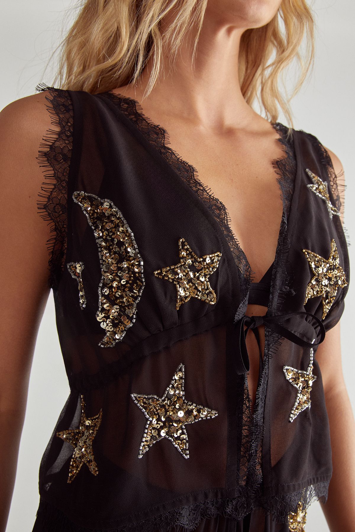 NastyGal Embellished Moon & Star Tie Front Beach Waistcoat Black