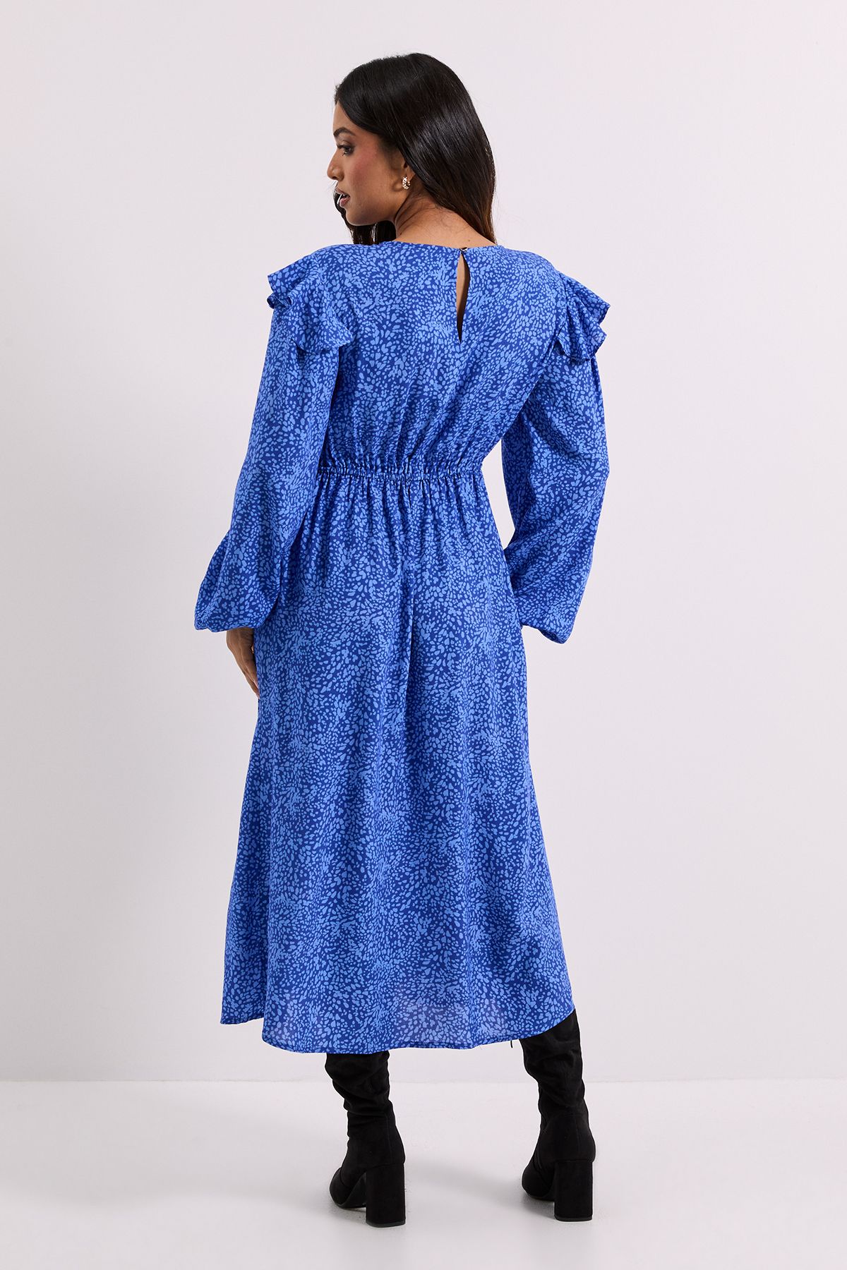 Dorothy Perkins Petite Blue Animal Contrast Bow Detail Frill Printed Midaxi Dress Animal image 3