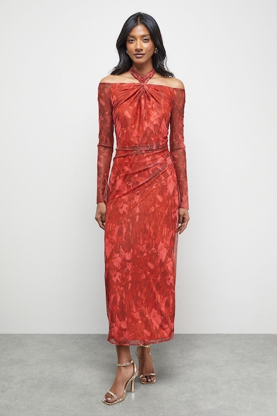 Warehouse Print Twist Mesh Midi Dress Red