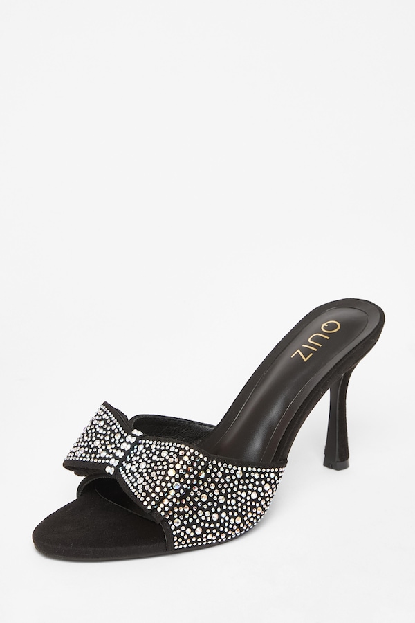 Quiz Black Diamante Bow Mule Heels