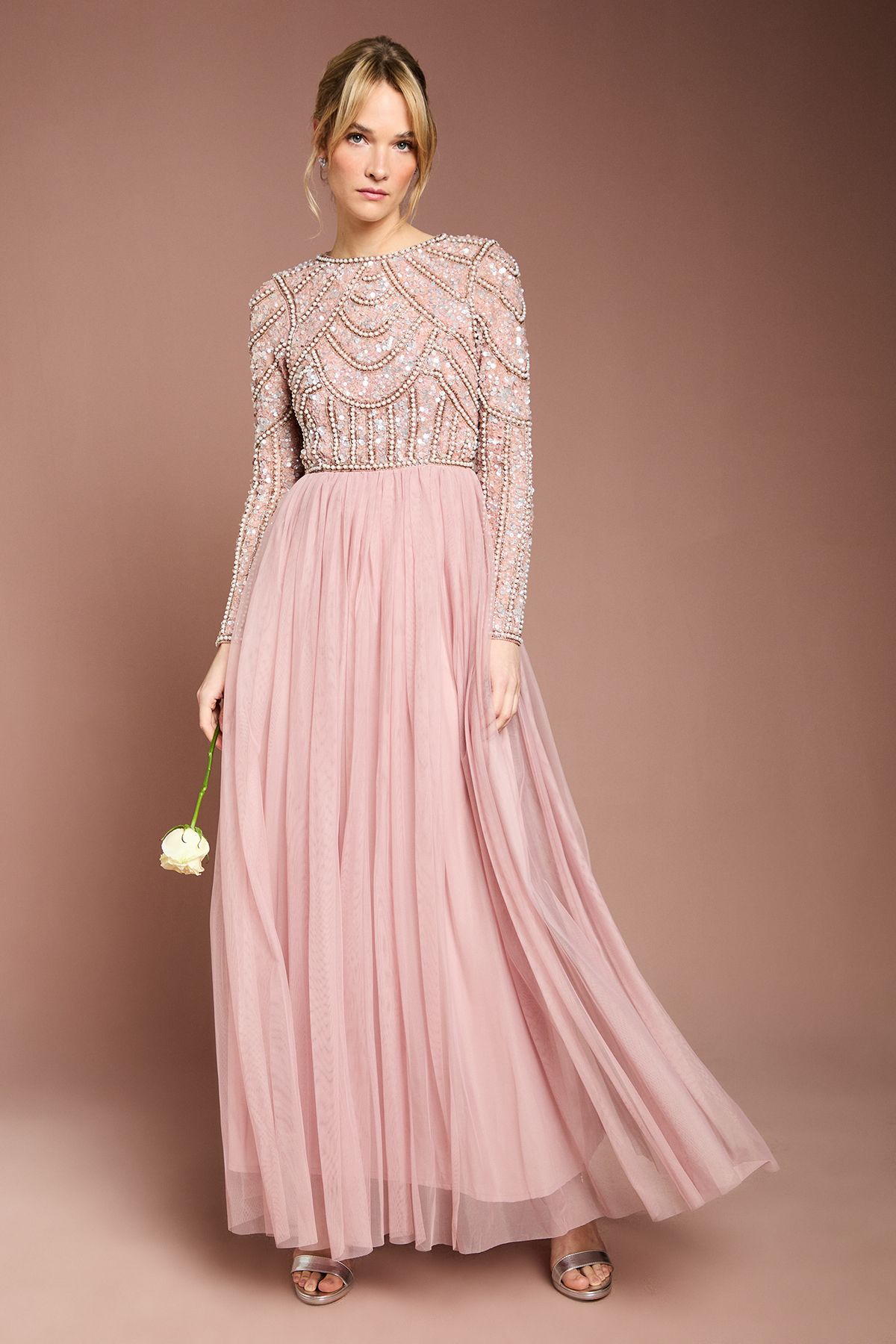 Coast Coast Honoured Long Sleeve Sequin Bodice Tulle Skirt Maxi Bridesmaid Dress Blush