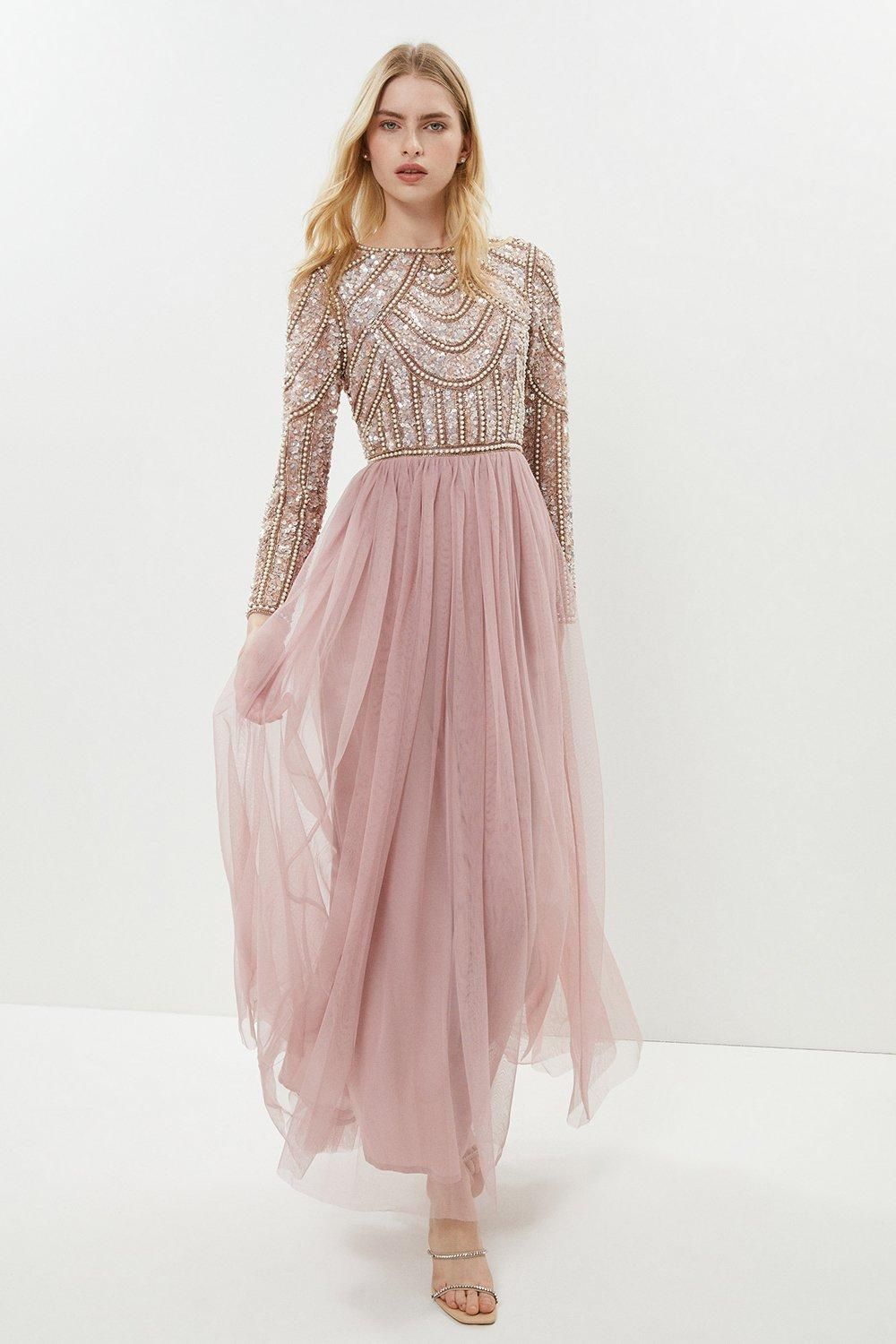 Coast Coast Honoured Long Sleeve Sequin Bodice Tulle Skirt Maxi Bridesmaid Dress Blush image 1