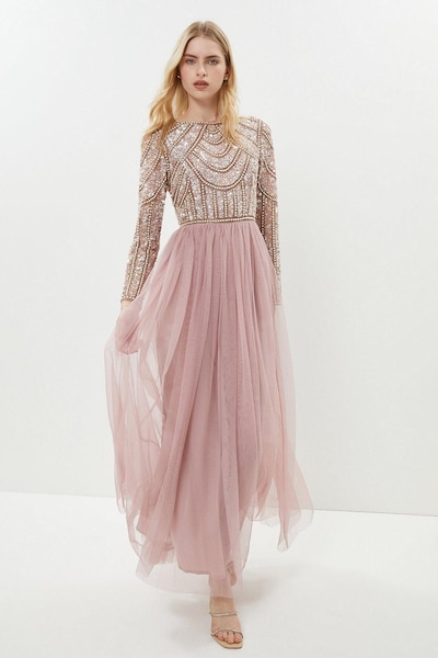 Coast Coast Honoured Long Sleeve Sequin Bodice Tulle Skirt Maxi Bridesmaid Dress Blush