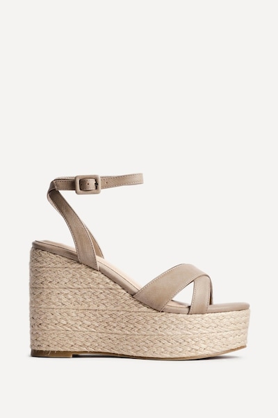 Linzi Tahiti Taupe Faux Leather Crossover Espadrille Wedge