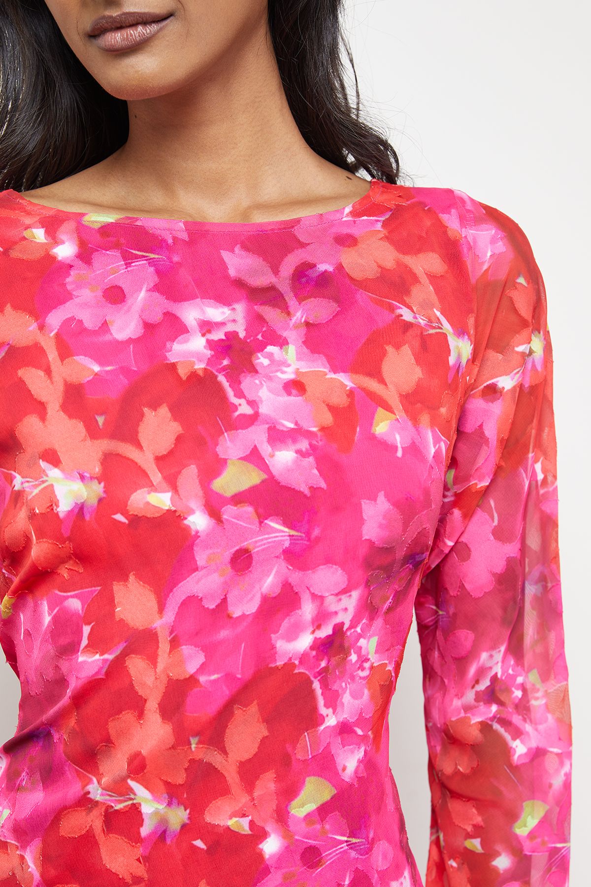 Warehouse Burnout Floral Chiffon Slash Neck Bias Midi Dress Pink image 5