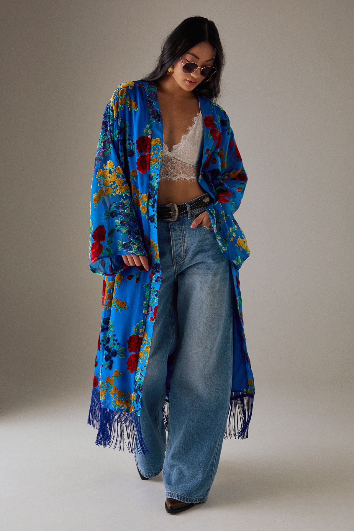 Warehouse Petite Premium Burnout Fringe Hem Midi Kimono Blue image 1