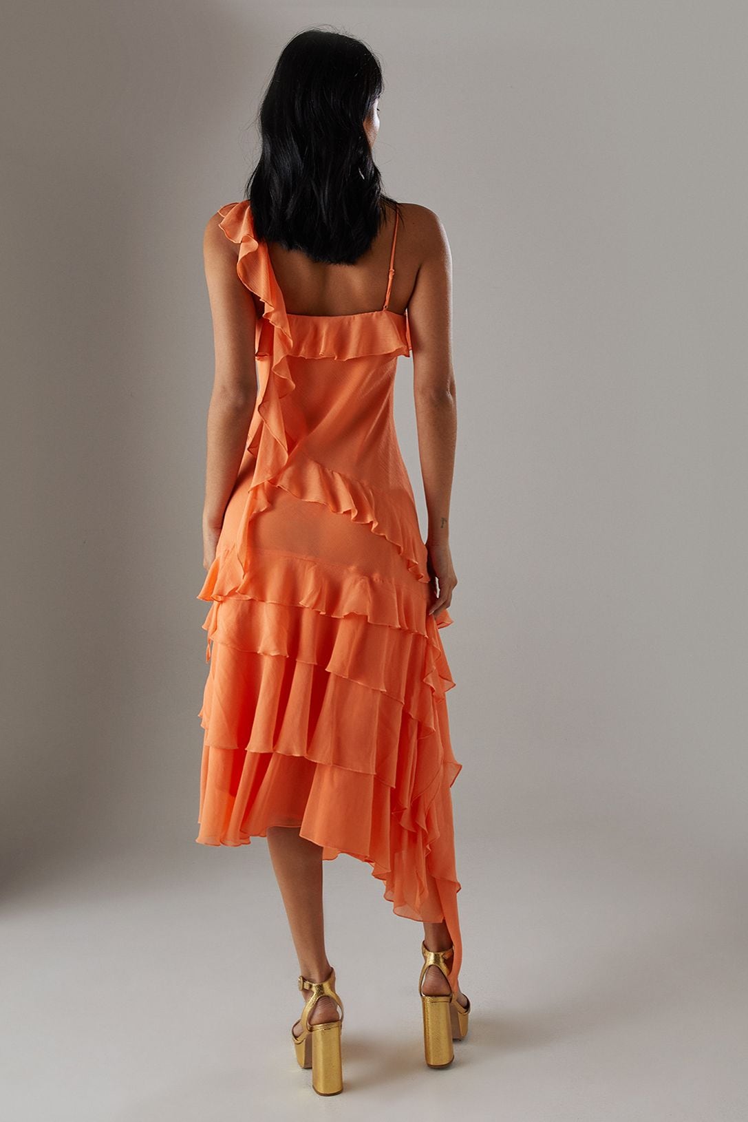 Warehouse Chiffon Asymmetric Hem Ruffle Midi Slip Dress Peach image 3