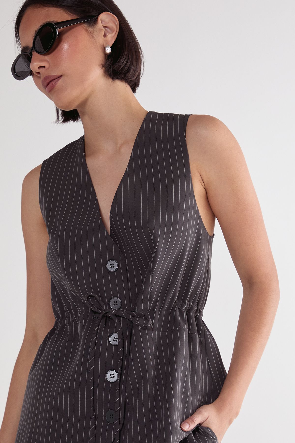 NastyGal Pinstripe Ruched Tie Front Waistcoat Grey image 1