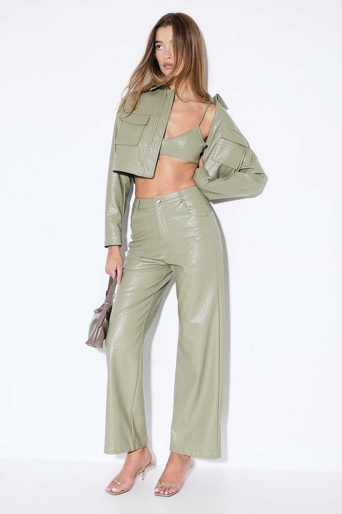 MissPap Woven Detail Faux Leather Bralet Olive image 2