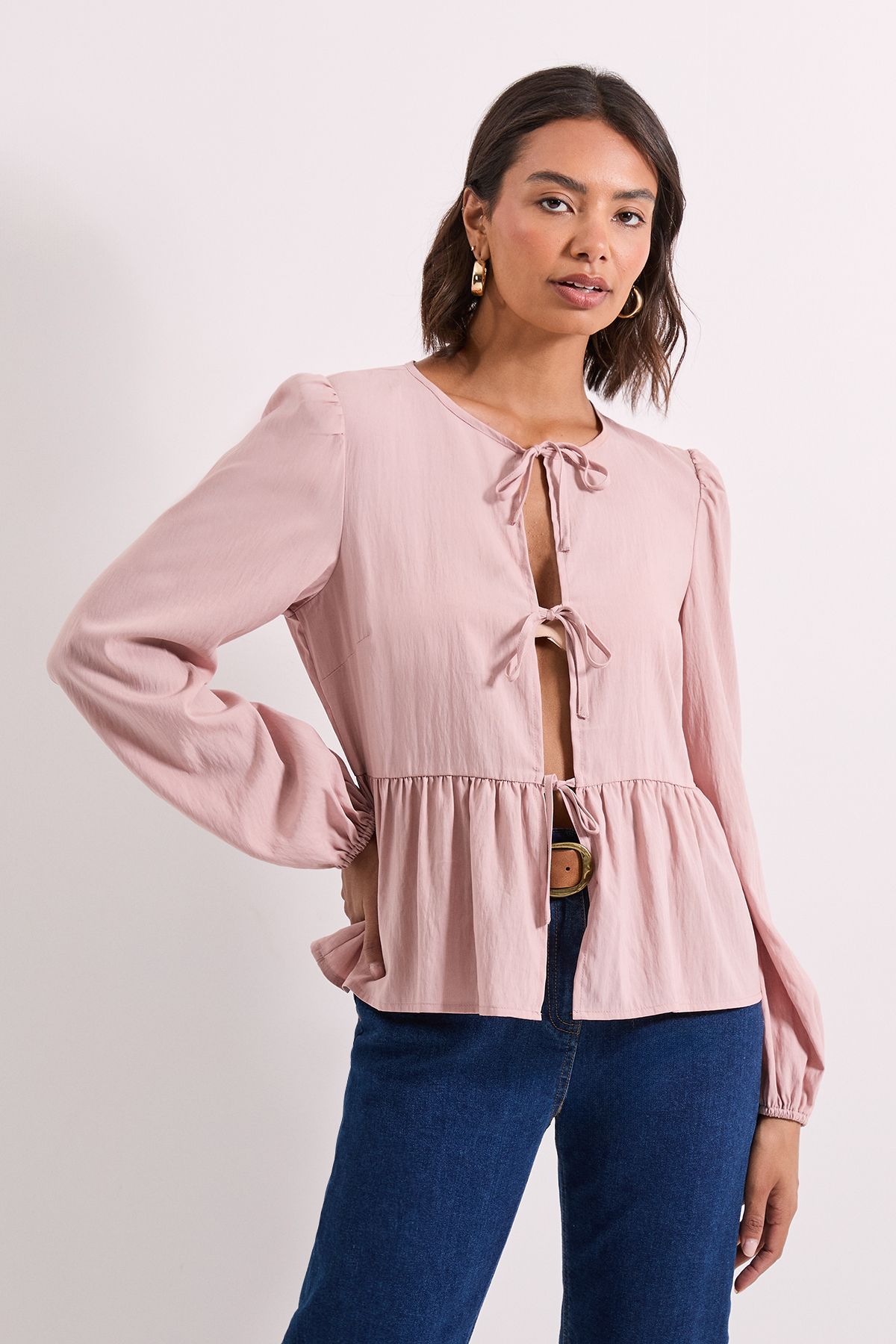 Dorothy Perkins Tie Front Long Sleeve Blouse Dusky Pink image 1