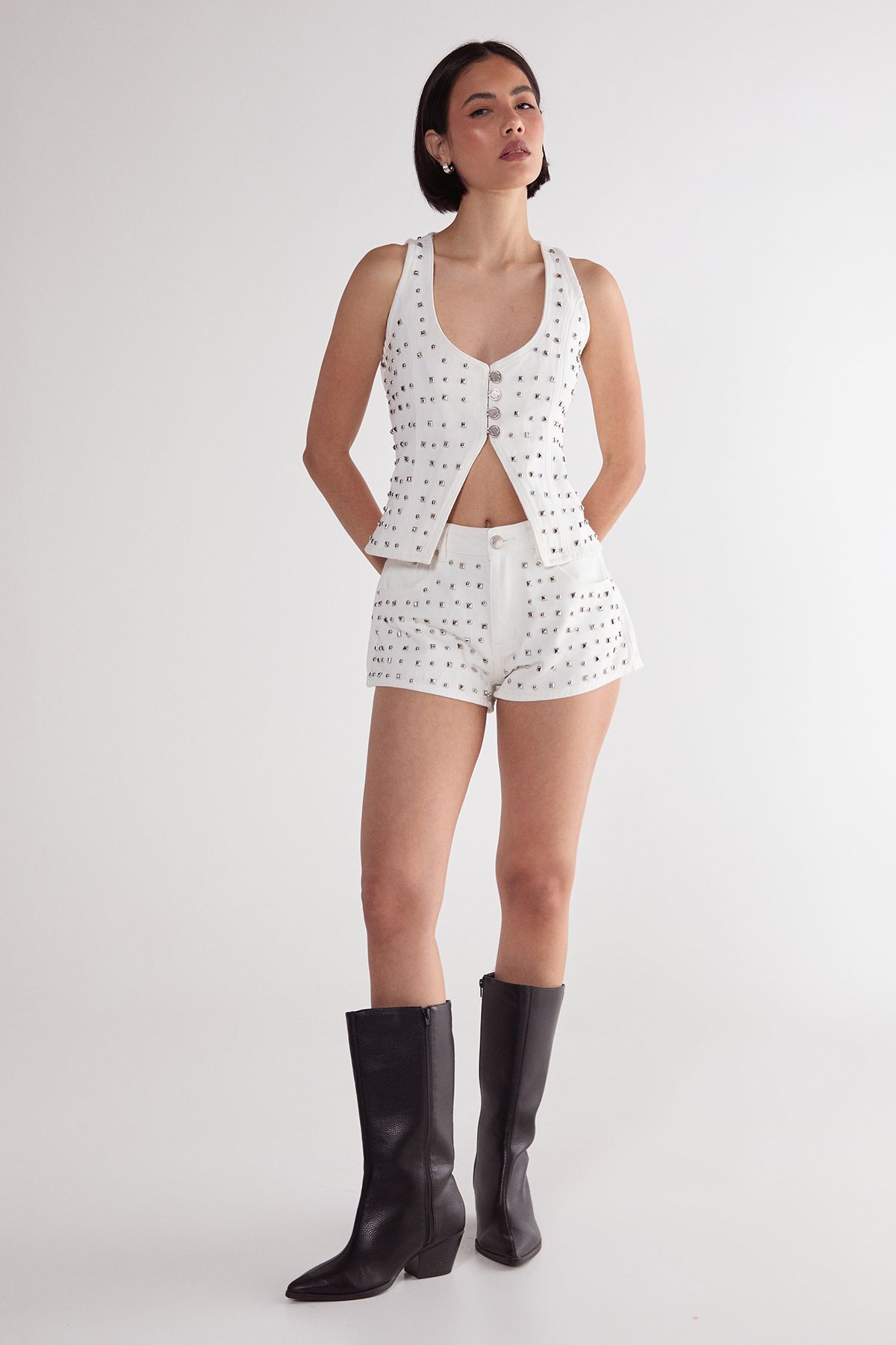 NastyGal Studded Denim Corset Top White image 2