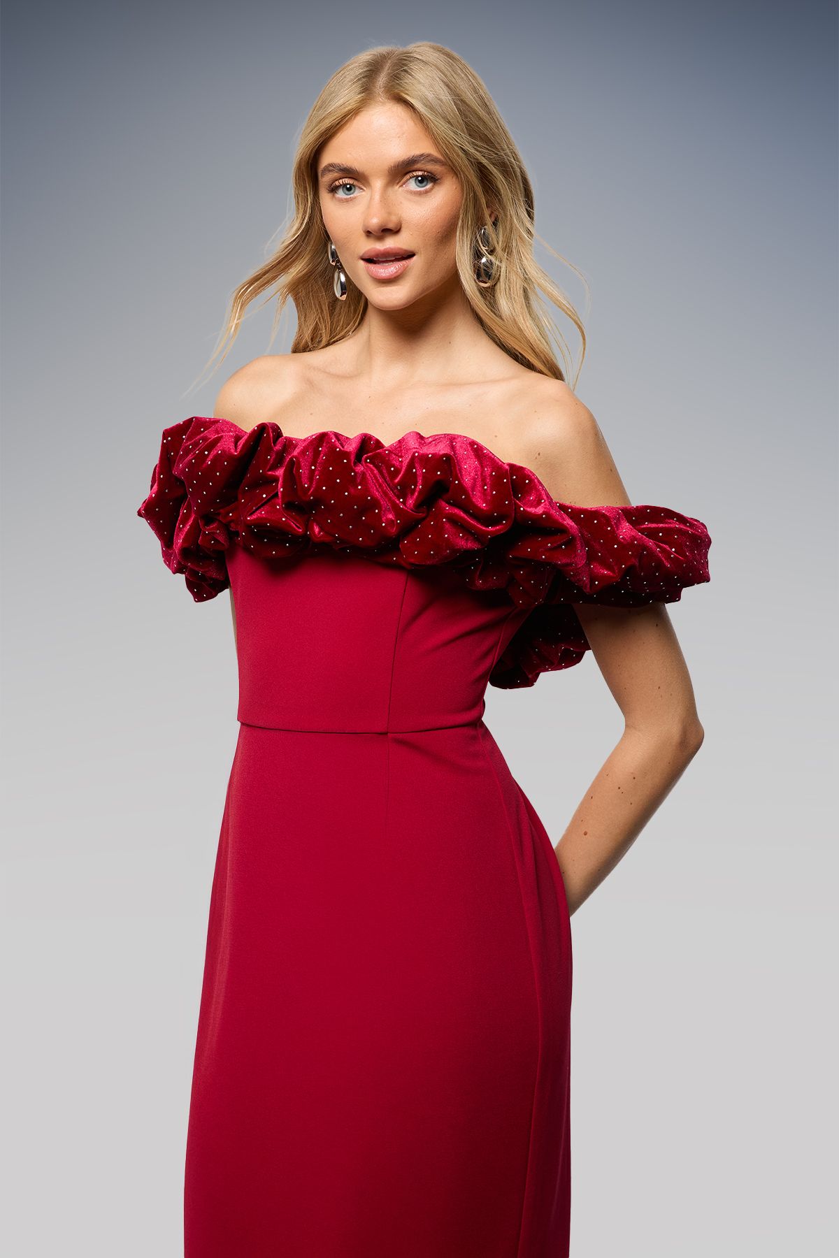 Oasis Diamante Velvet Ruffle Bardot Bodycon Midi Dress Burgundy image 2