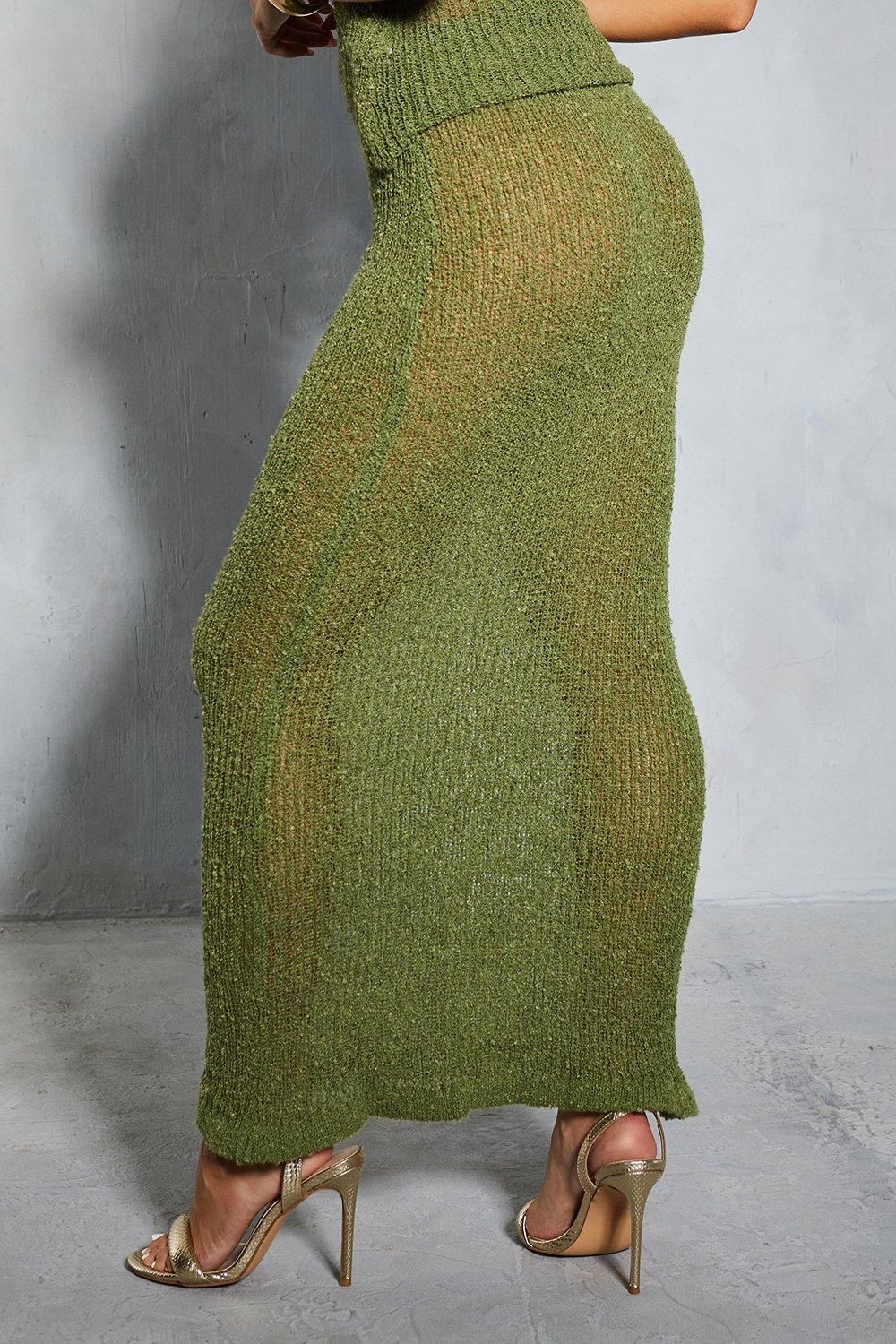 MissPap Sheer Knit High Waisted Fishtail Maxi Skirt Green image 3
